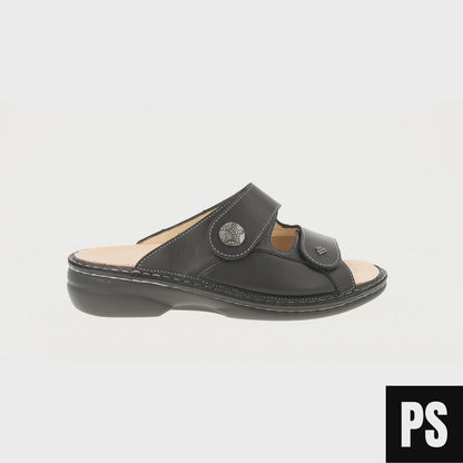 Finn Comfort Sarezzo schwarz Doppel-Stretch Damen Pantolette Hausschuh Wechselfußbett